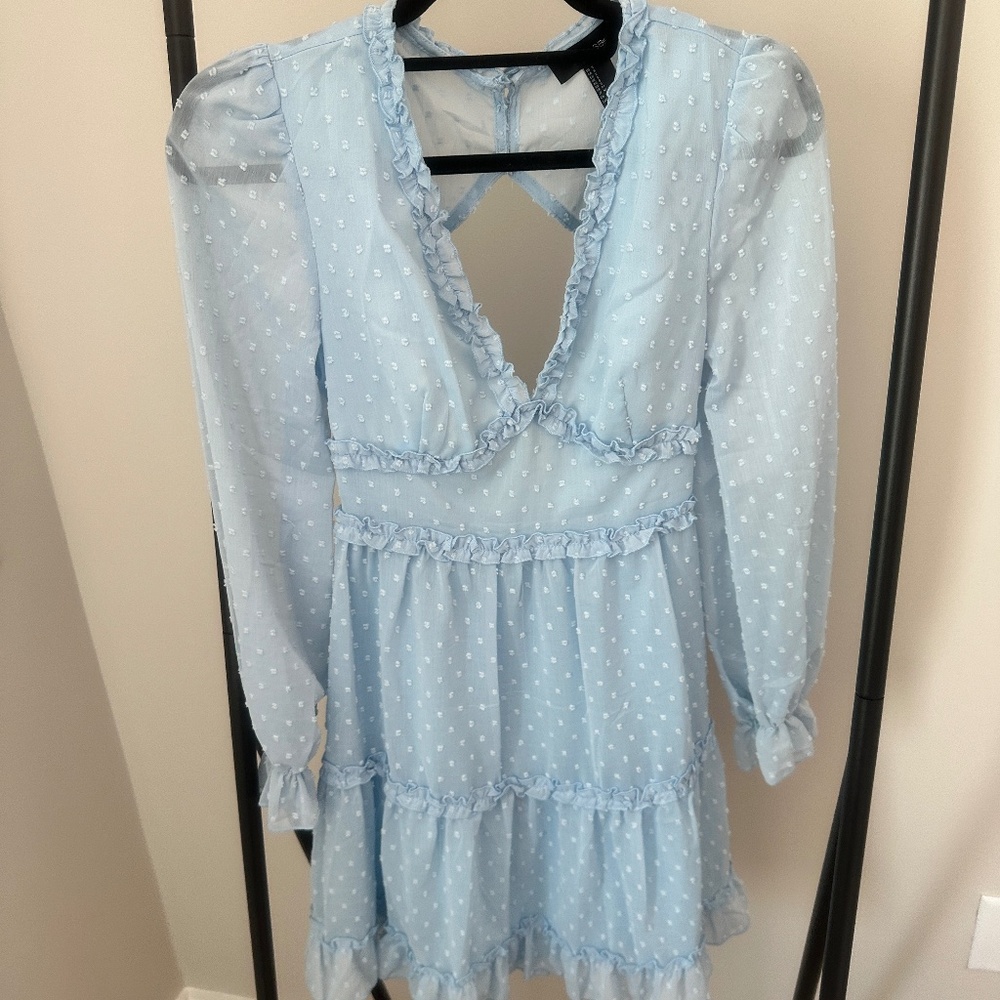 NWT SBETRO Light Blue Swiss Dot Ruffle Mini Dress – Long Sleeve, Open Back, Femi